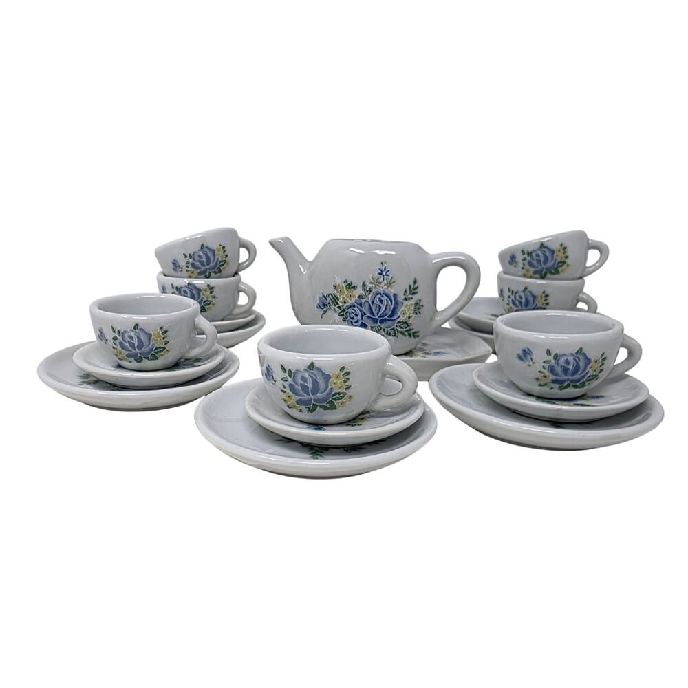 Vintage Strombecker Child’s Tea Set 19 Pc Blue Rose Ceramic Toy Tea Set